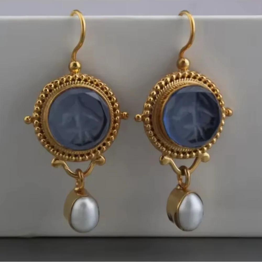 Vintage blue Cameo Earrings – Gold Drop Pearl Accent Jewelry - Picture 5 of 12